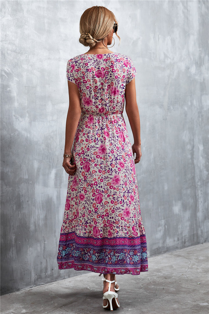 Bohemian Maxi Dress - V-Neck Short Sleeve Printed