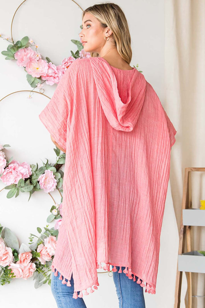 Light Coral Tassel Hem Hooded Cover Up