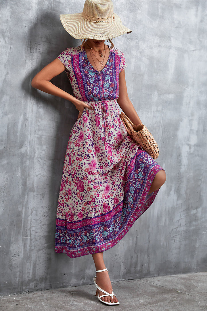 Bohemian Maxi Dress - V-Neck Short Sleeve Printed