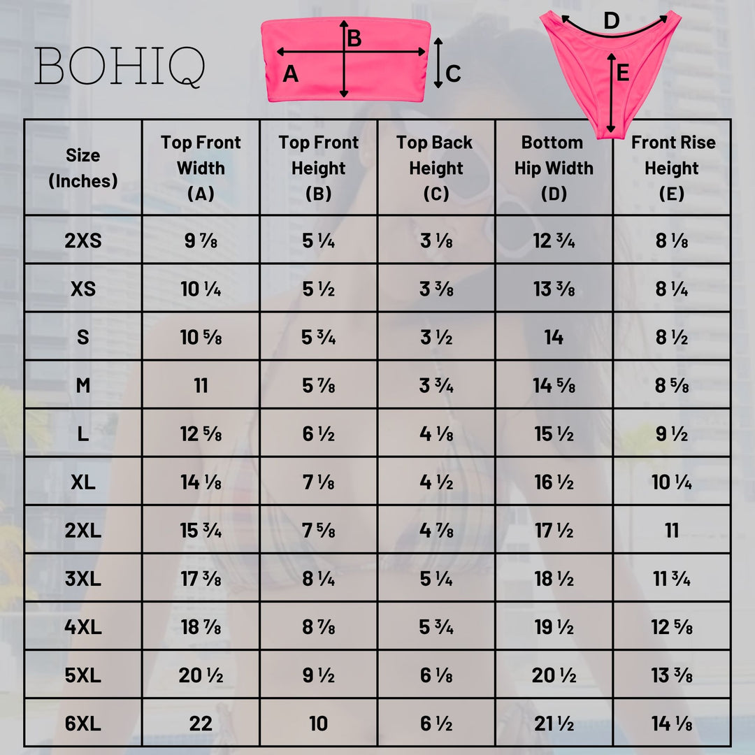 Size chart for BOHIQ clothing with measurements in inches
