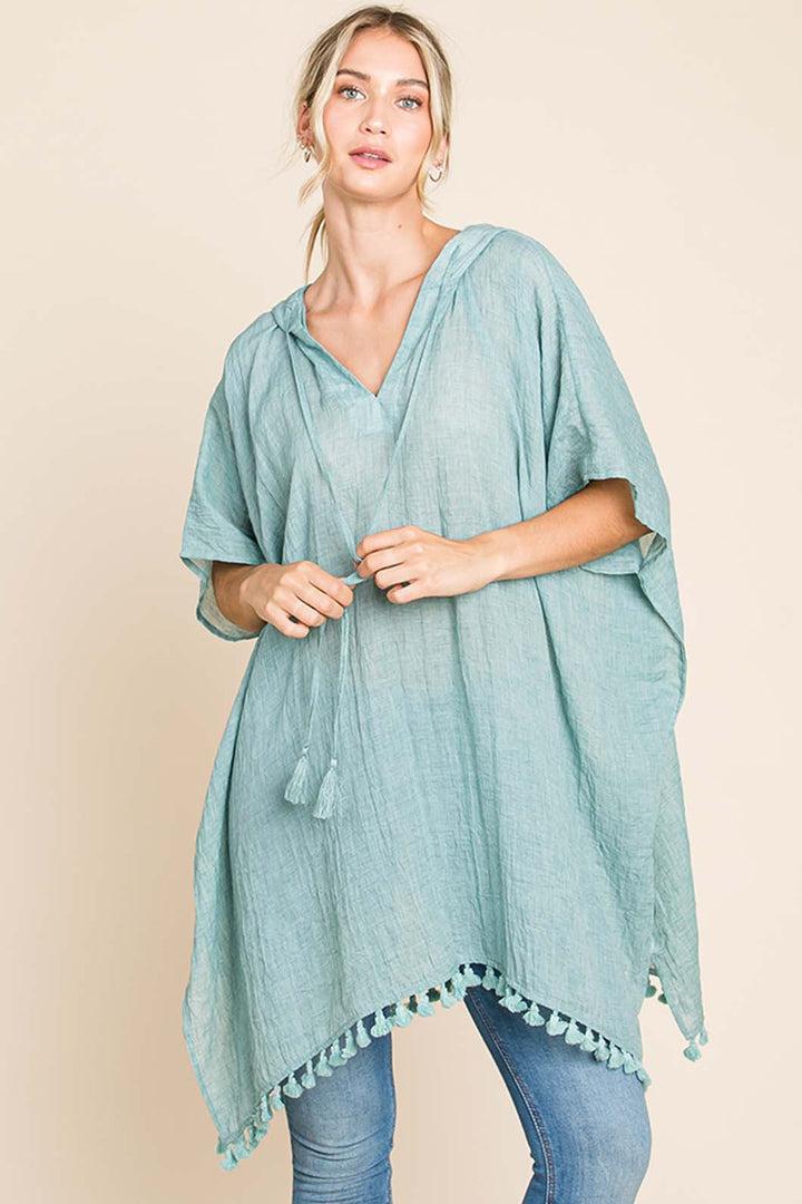 Mint Tassel Hem Hooded Cover Up