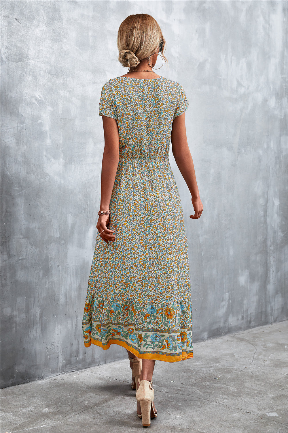 Bohemian Maxi Dress - V-Neck Short Sleeve Printed
