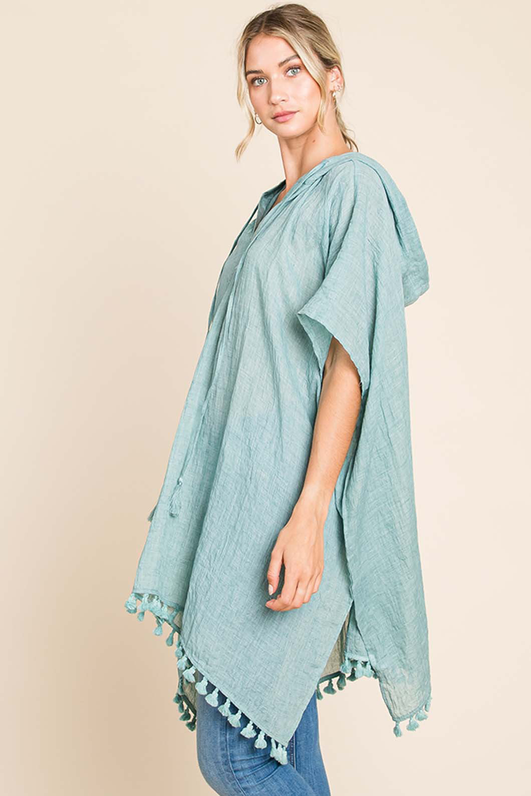 Mint Tassel Hem Hooded Cover Up