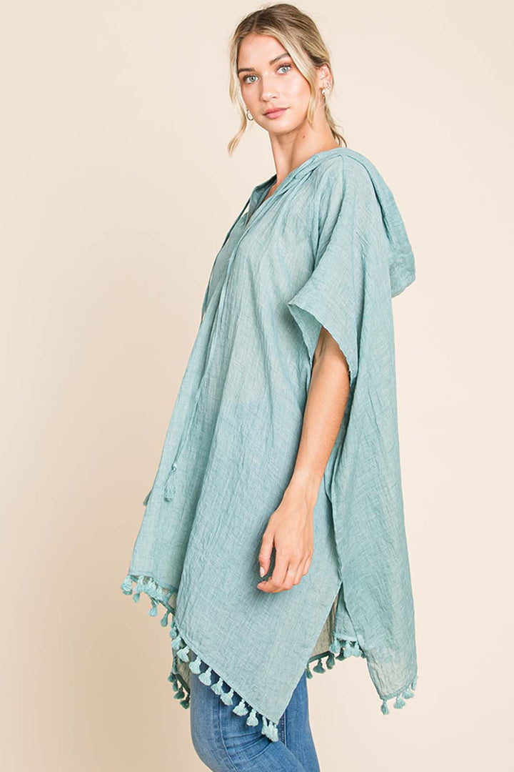 Mint Tassel Hem Hooded Cover Up