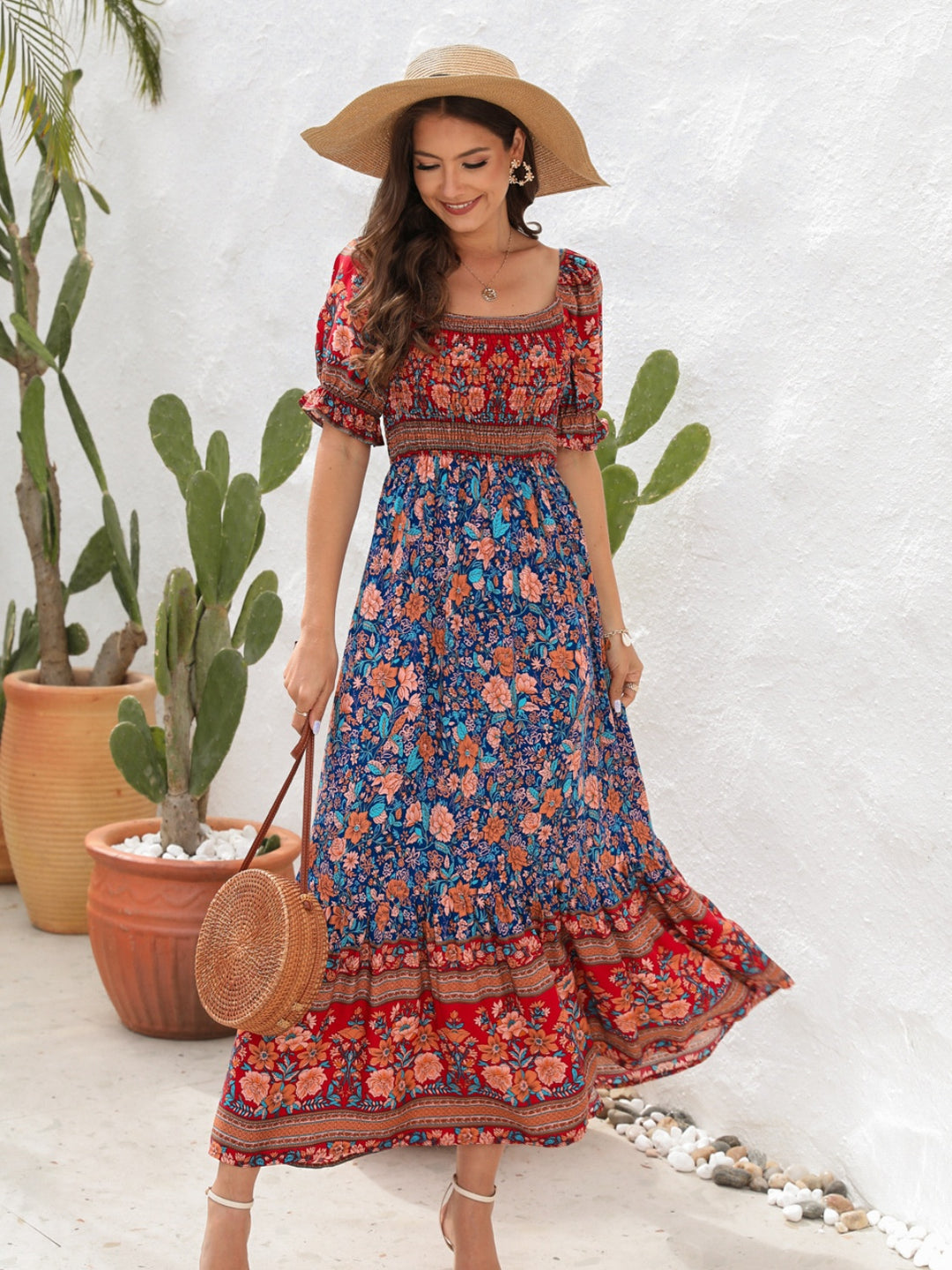 Floral Flounce Midi Dress with Sleeves