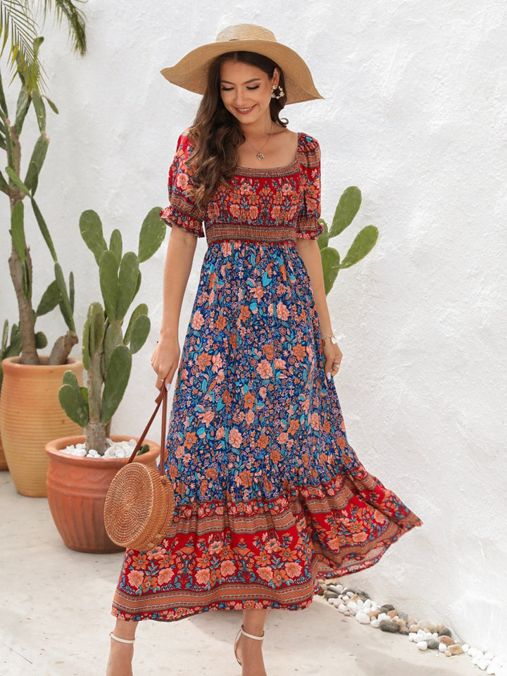 Floral Flounce Midi Dress with Sleeves