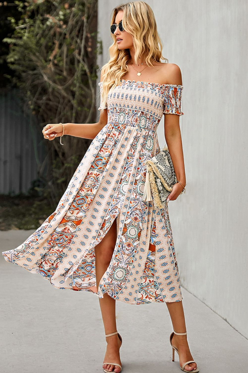 Off-Shoulder Split Dress Bohemian Midi Dress