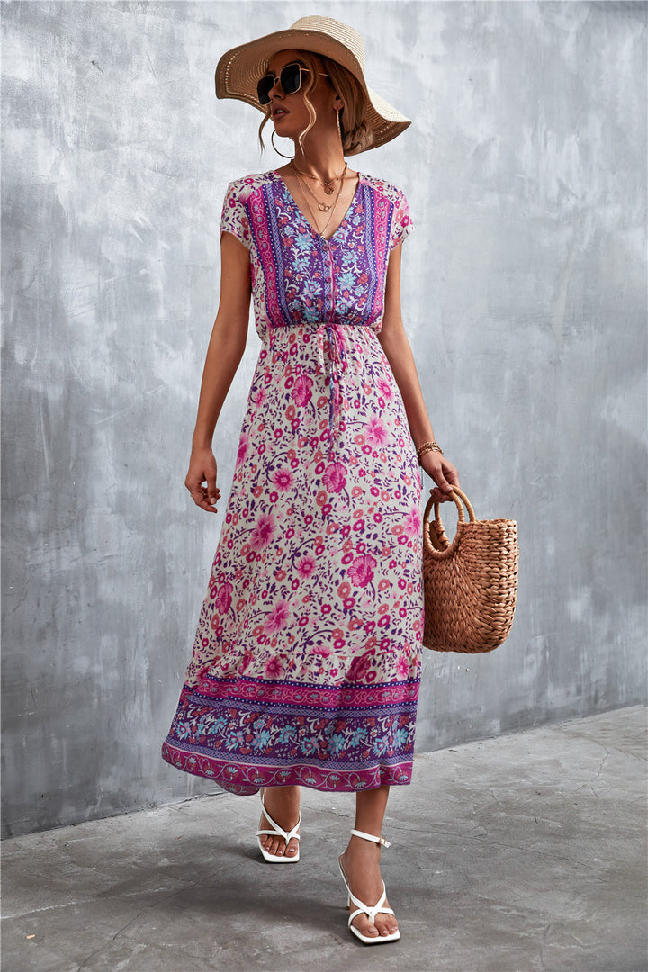 Bohemian Maxi Dress - V-Neck Short Sleeve Printed
