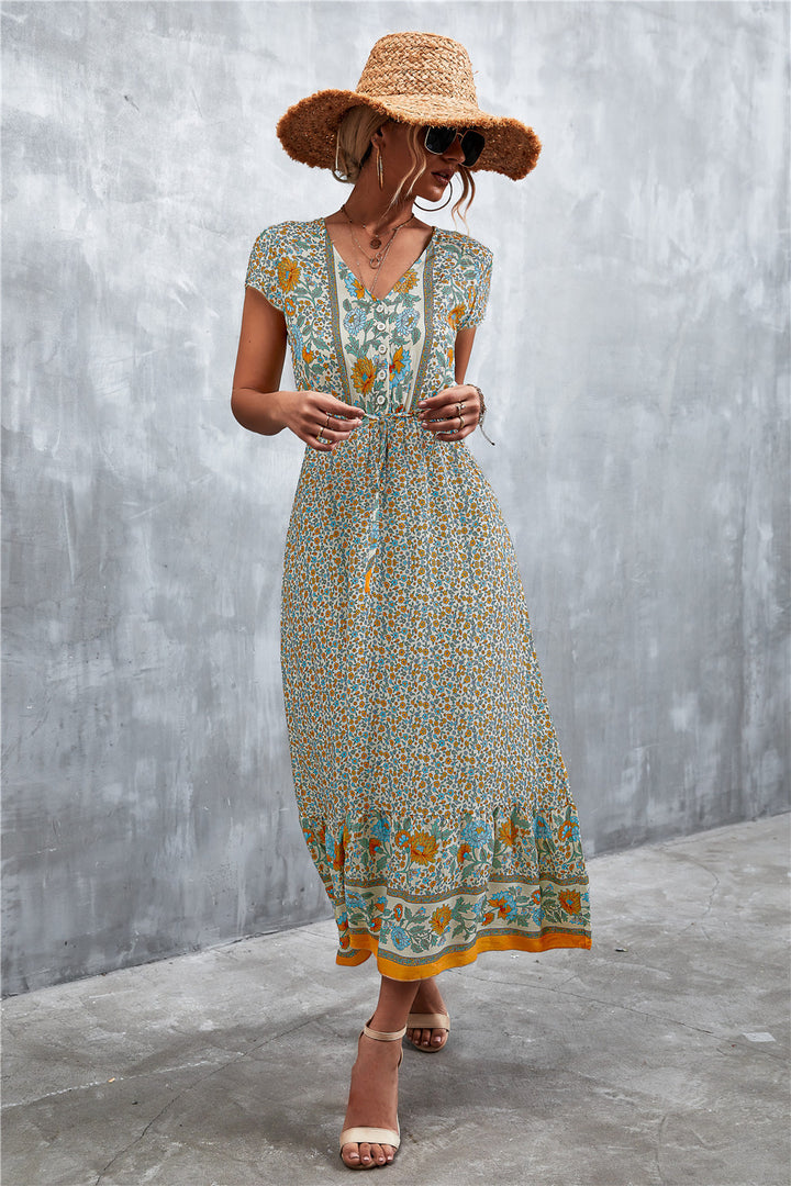 Bohemian Maxi Dress - V-Neck Short Sleeve Printed