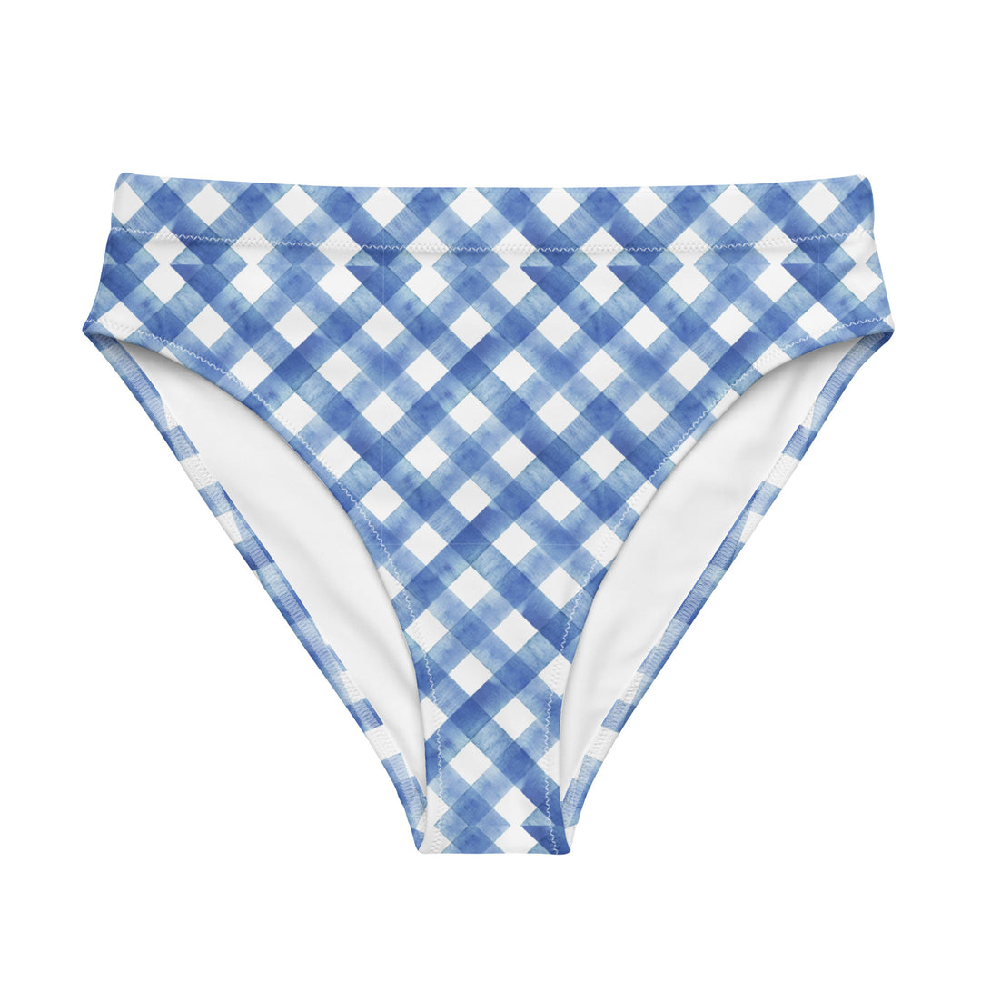 High waisted blue gingham bikini bottom with white trim.
