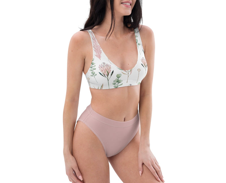 Rose Pink Floral High Waist Bikini Set
