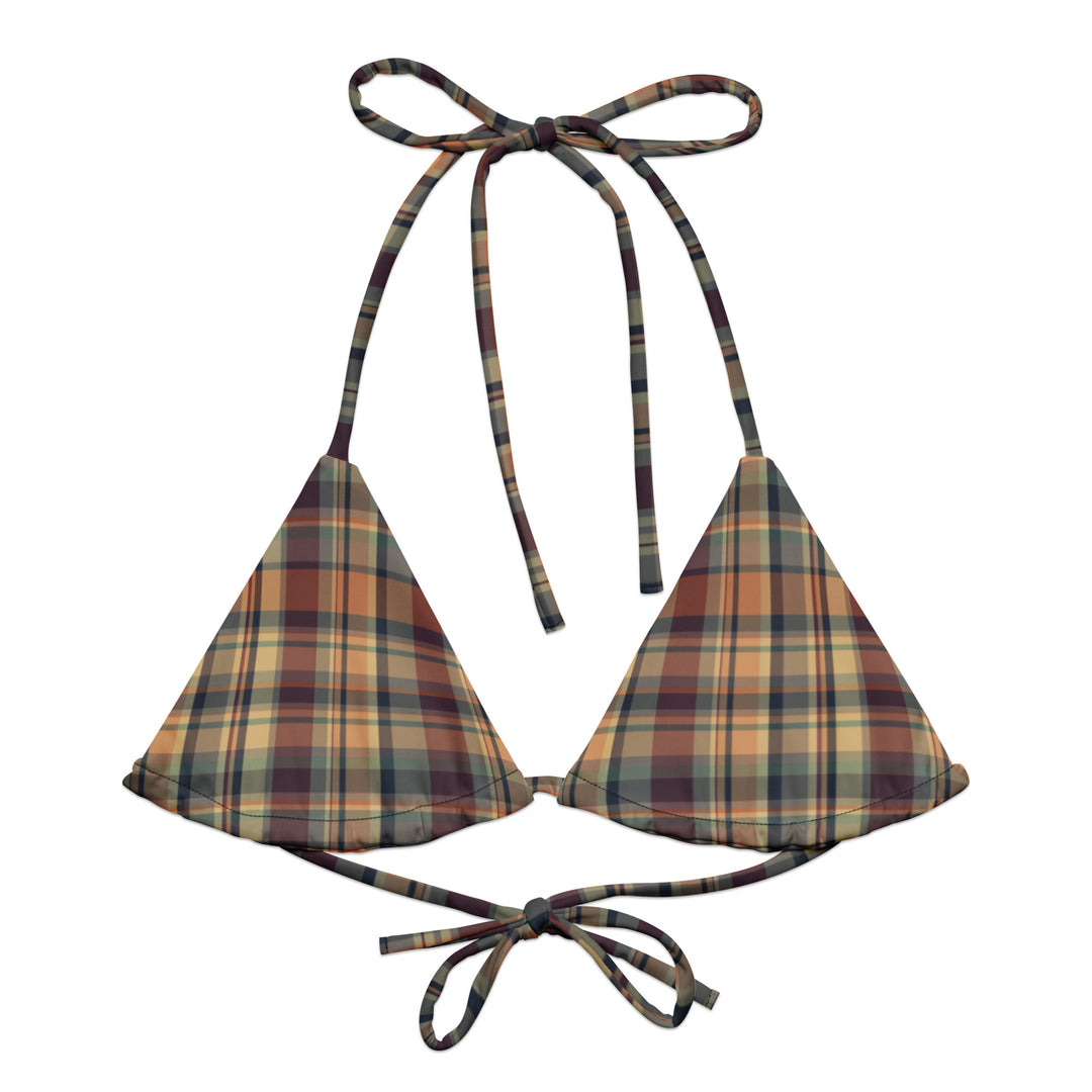 An Earthy Plaid String Bikini with a top featuring a triangle design and tie strings, along with matching bottoms with side ties, in plaid patterns.