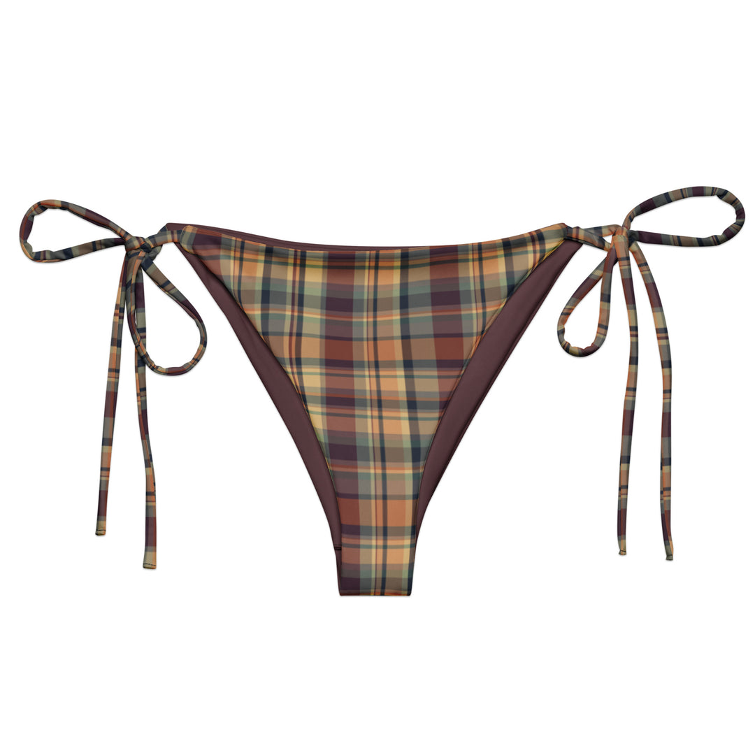 An Earthy Plaid String Bikini with a top featuring a triangle design and tie strings, along with matching bottoms with side ties, in plaid patterns.