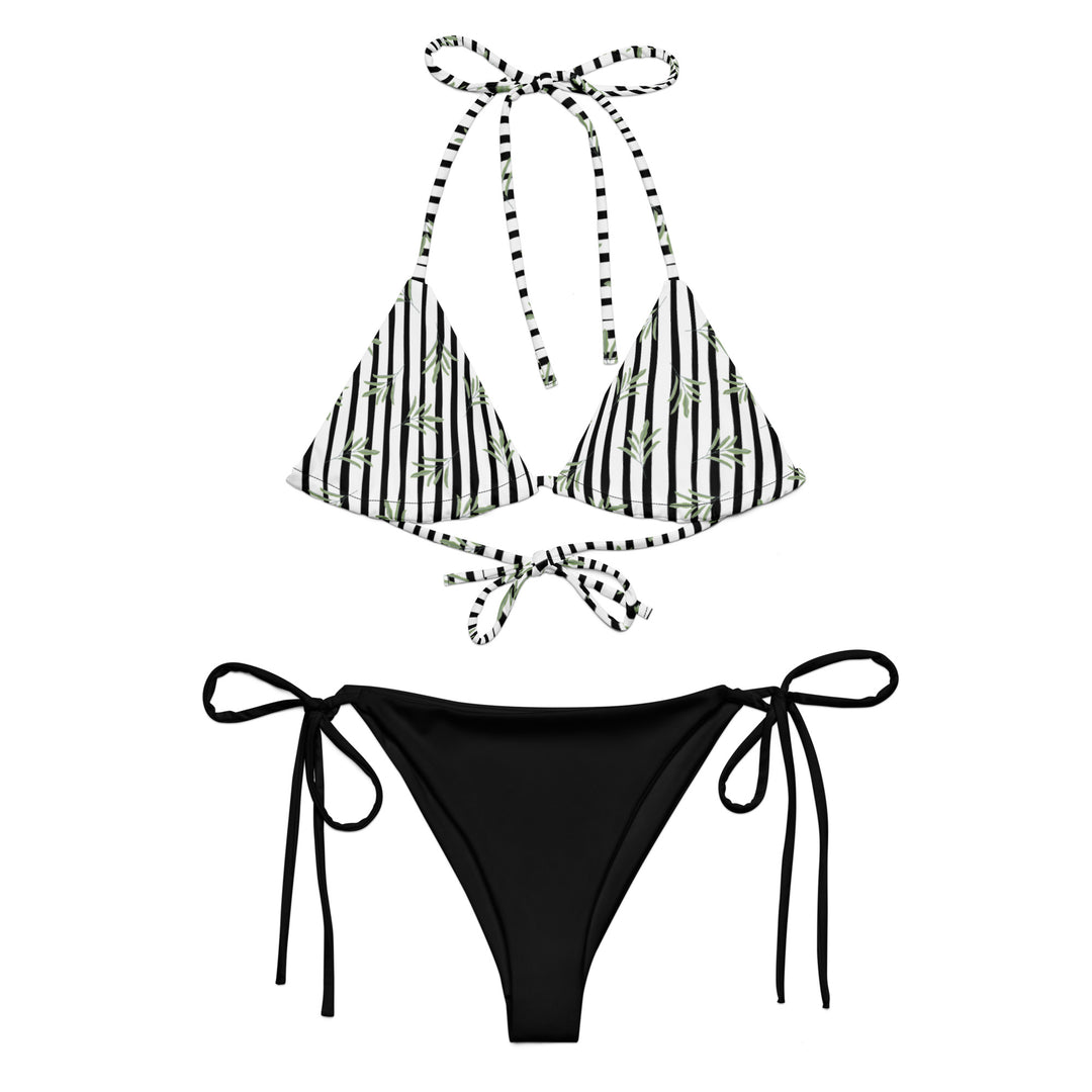 Black & White Stripes with Palm Leaves (Top)- String Bikini Set