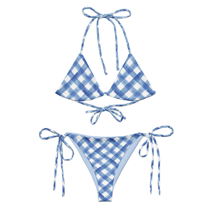 A blue gingham string bikini set with adjustable ties on the sides and a halter neck top.