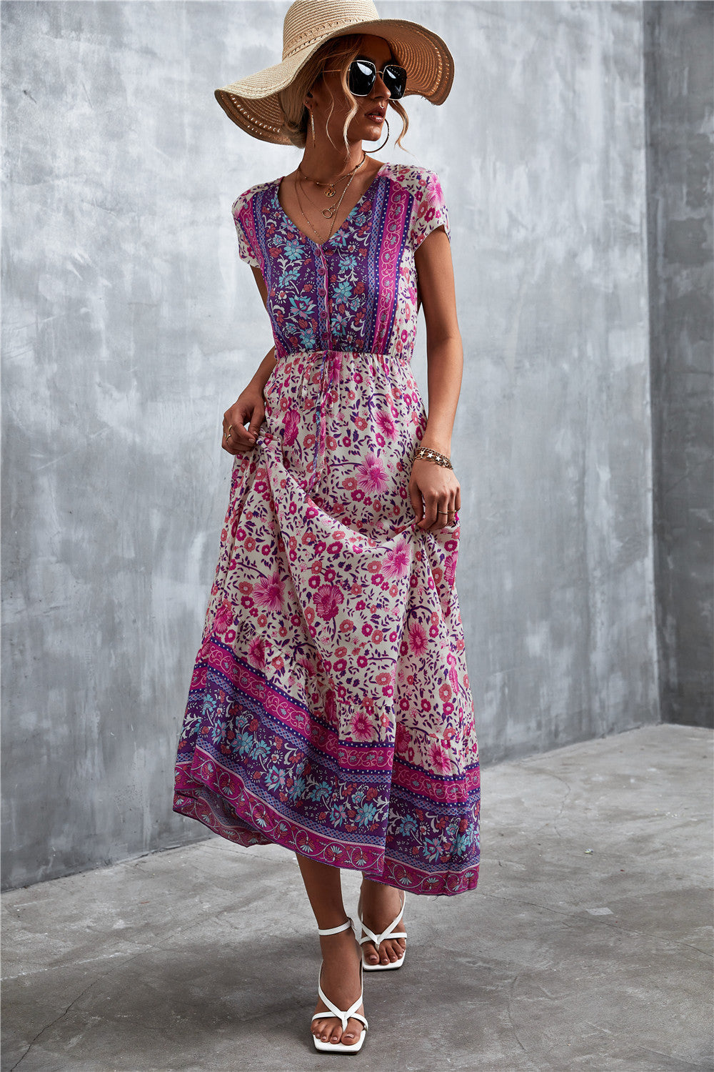 Bohemian Maxi Dress - V-Neck Short Sleeve Printed