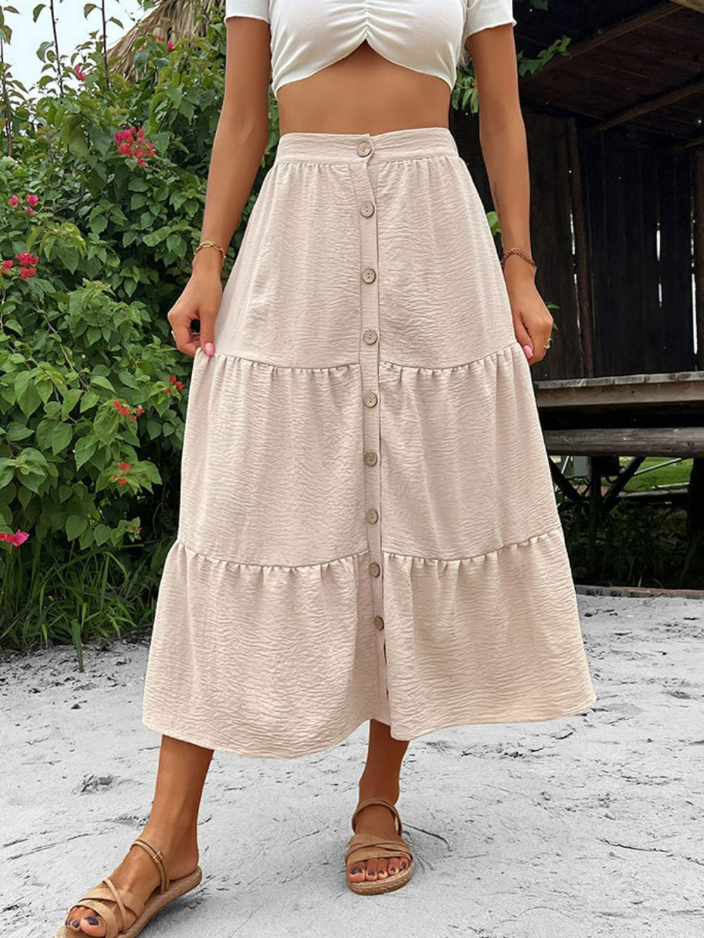 Beige Midi Skirt | Tiered Boho Skirts | BOHIQ