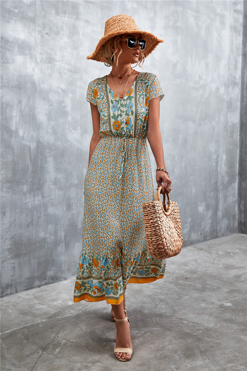 Bohemian Maxi Dress - V-Neck Short Sleeve Printed