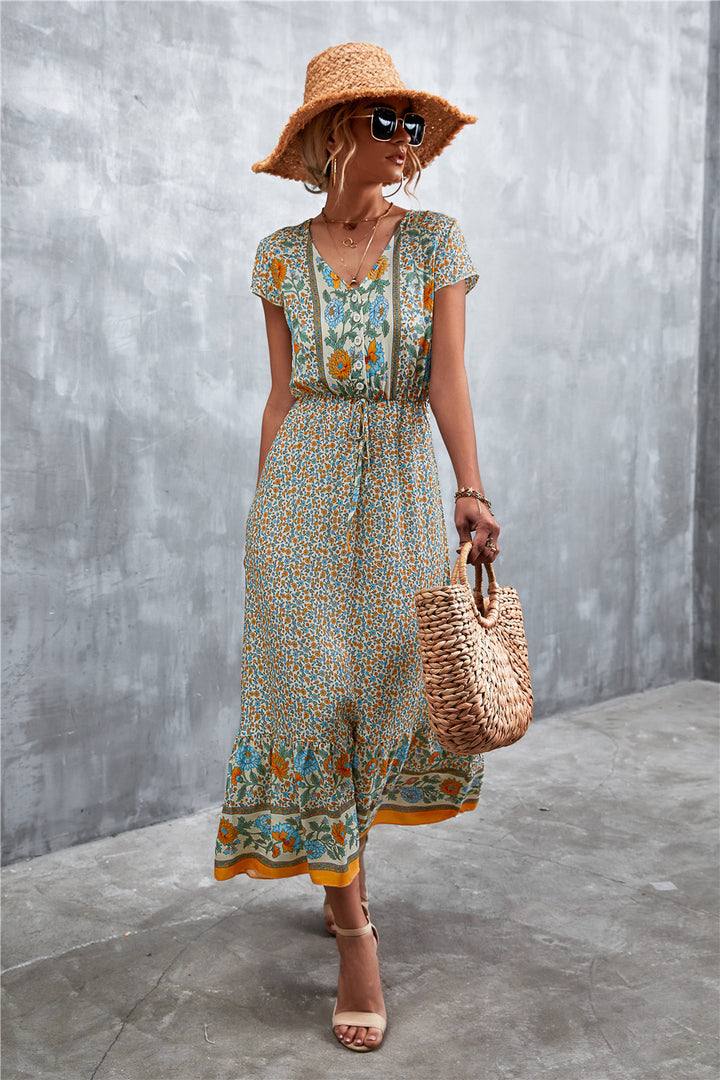 Bohemian Maxi Dress - V-Neck Short Sleeve Printed