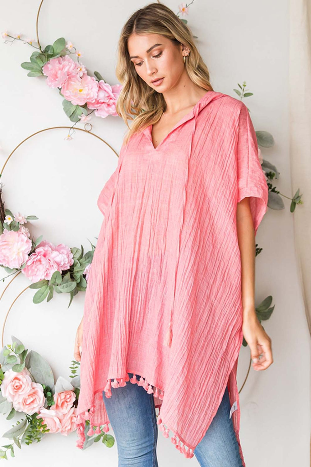 Light Coral Tassel Hem Hooded Cover Up