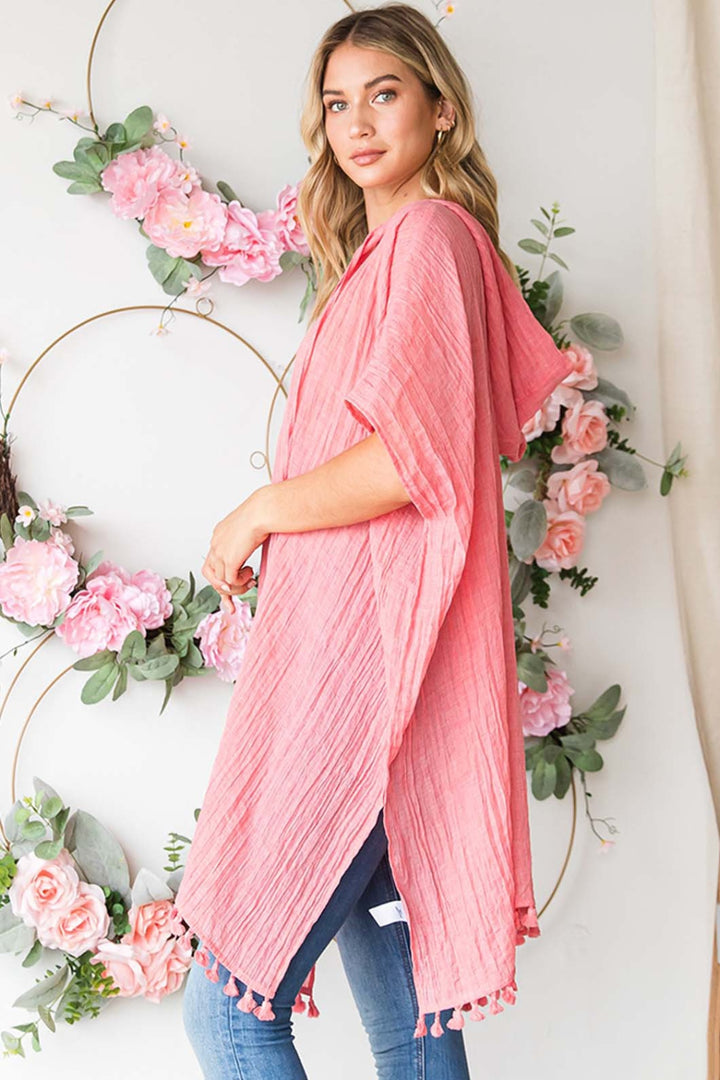 Light Coral Tassel Hem Hooded Cover Up
