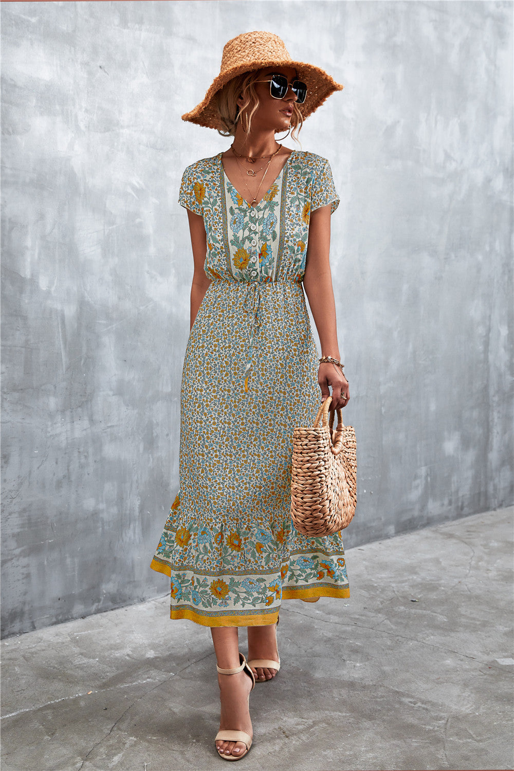 Bohemian Maxi Dress - V-Neck Short Sleeve Printed