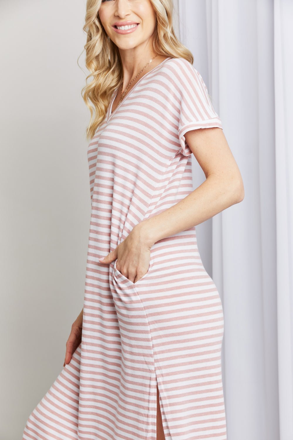 casual dress full size horizontal stripe side slit - 3