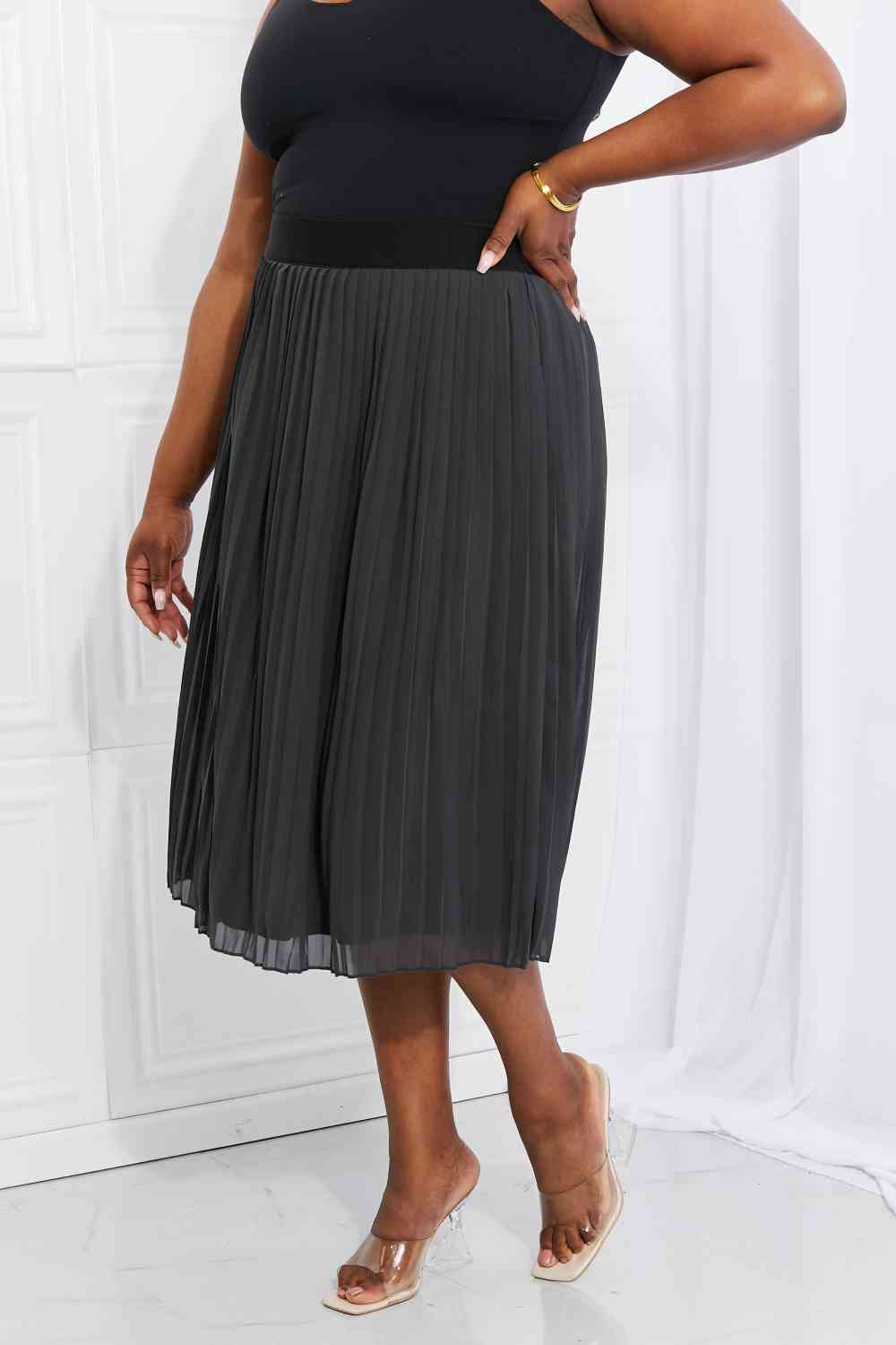 Dark Gray Pleated Chiffon Midi Skirt