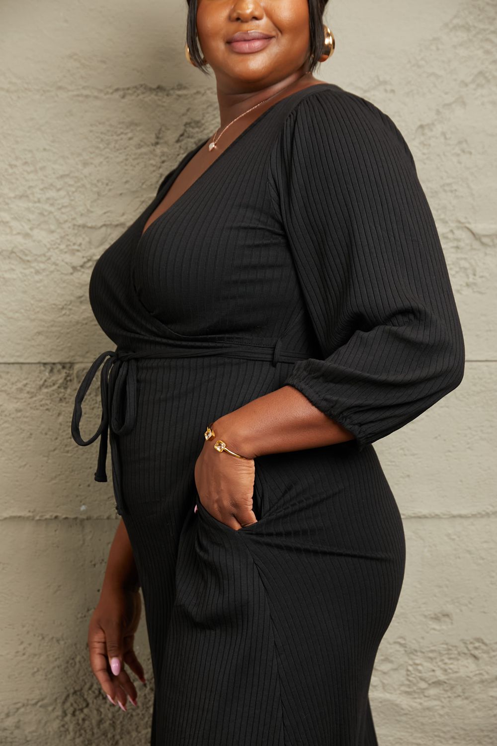 Black Surplice Flare Ruching Midi Dress