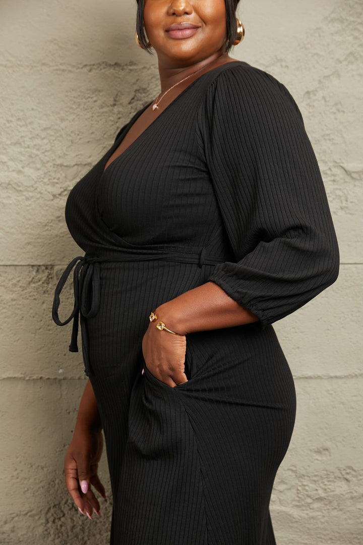 Black Surplice Flare Ruching Midi Dress