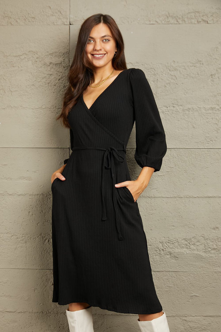 Black Surplice Flare Ruching Midi Dress