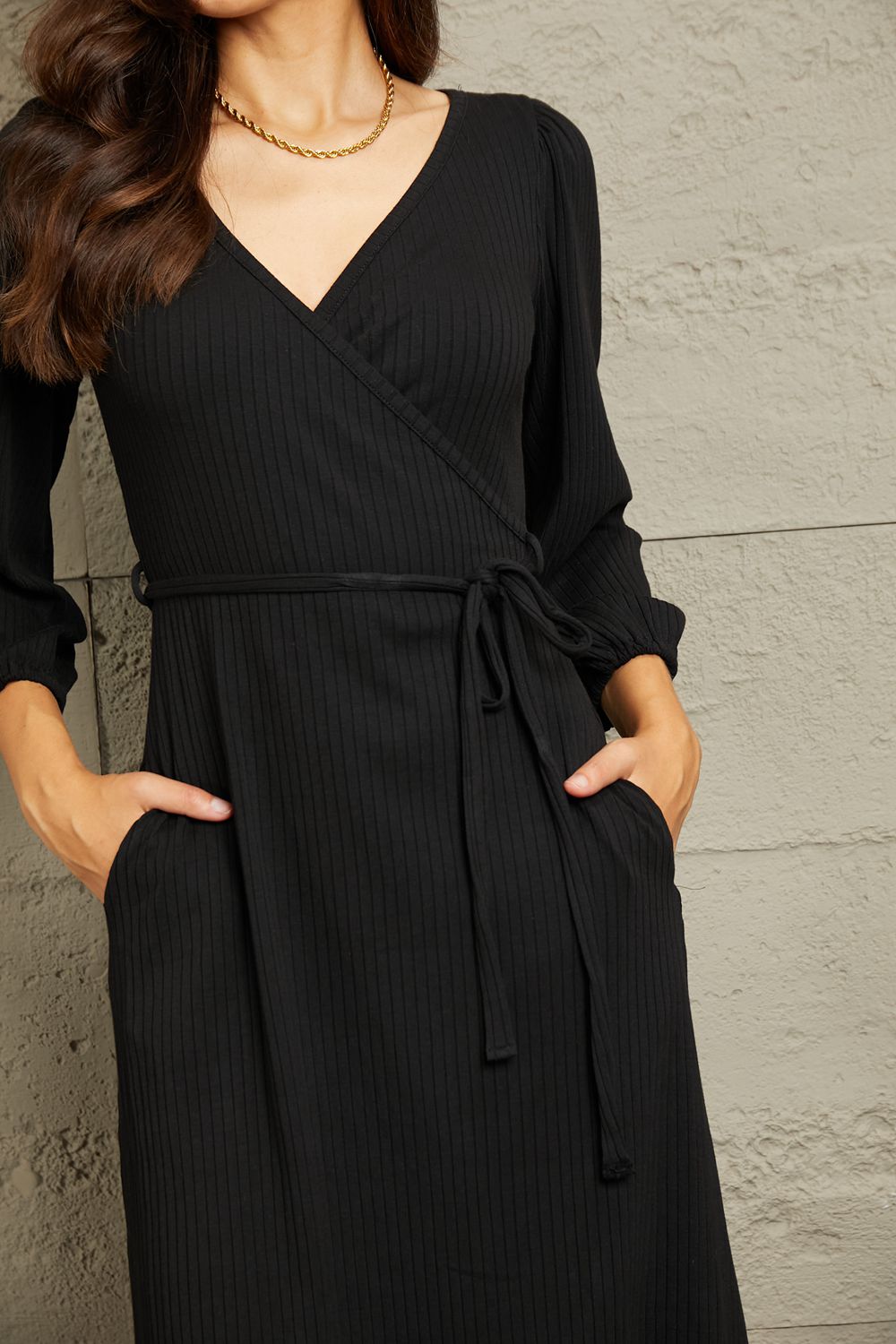 Black Surplice Flare Ruching Midi Dress