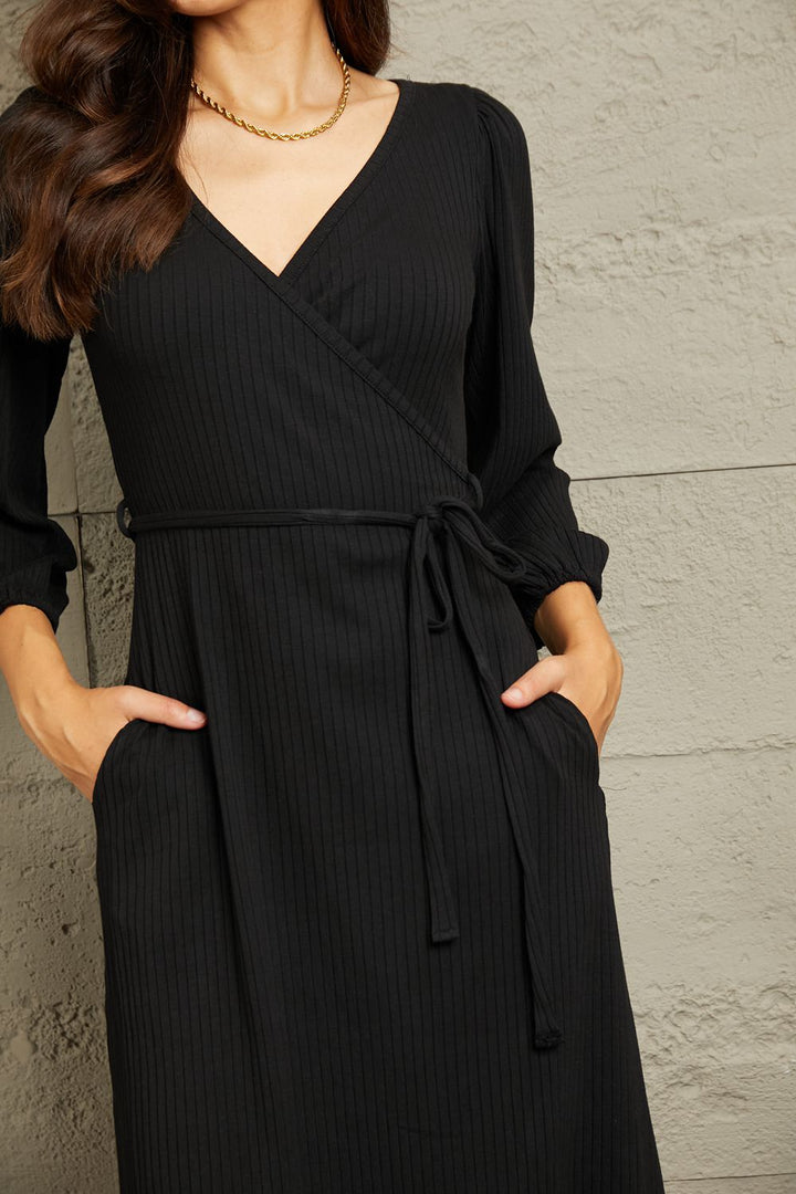 Black Surplice Flare Ruching Midi Dress