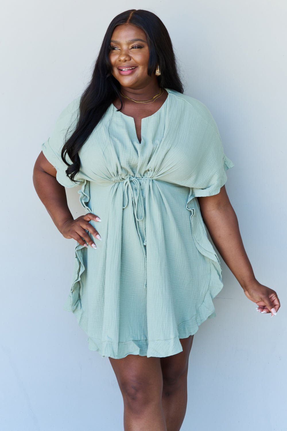 Mini Dress with Drawstring Waistband in Light Sage – BOHIQ