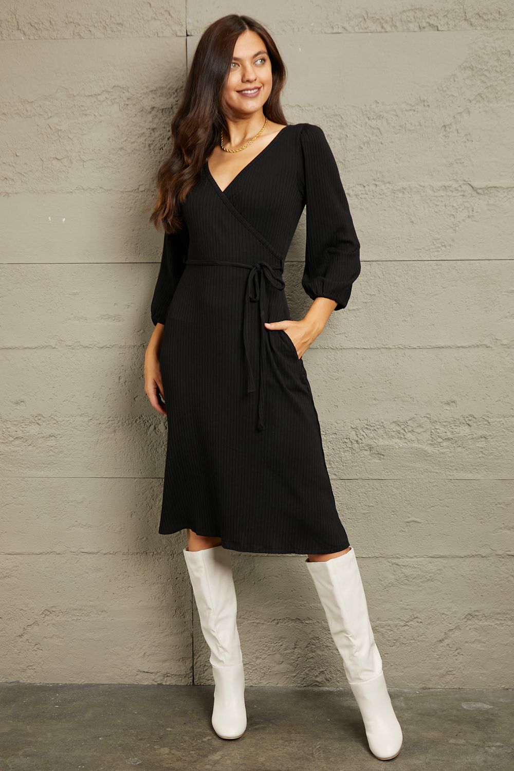 Black Surplice Flare Ruching Midi Dress