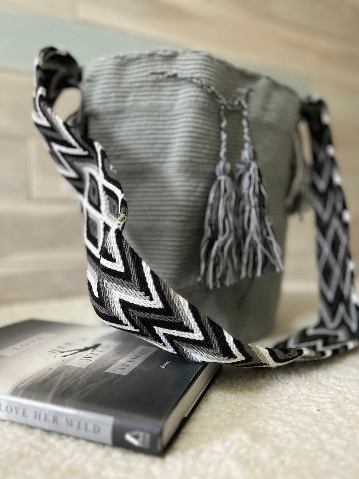 gray crochet bag colorful strap view 2