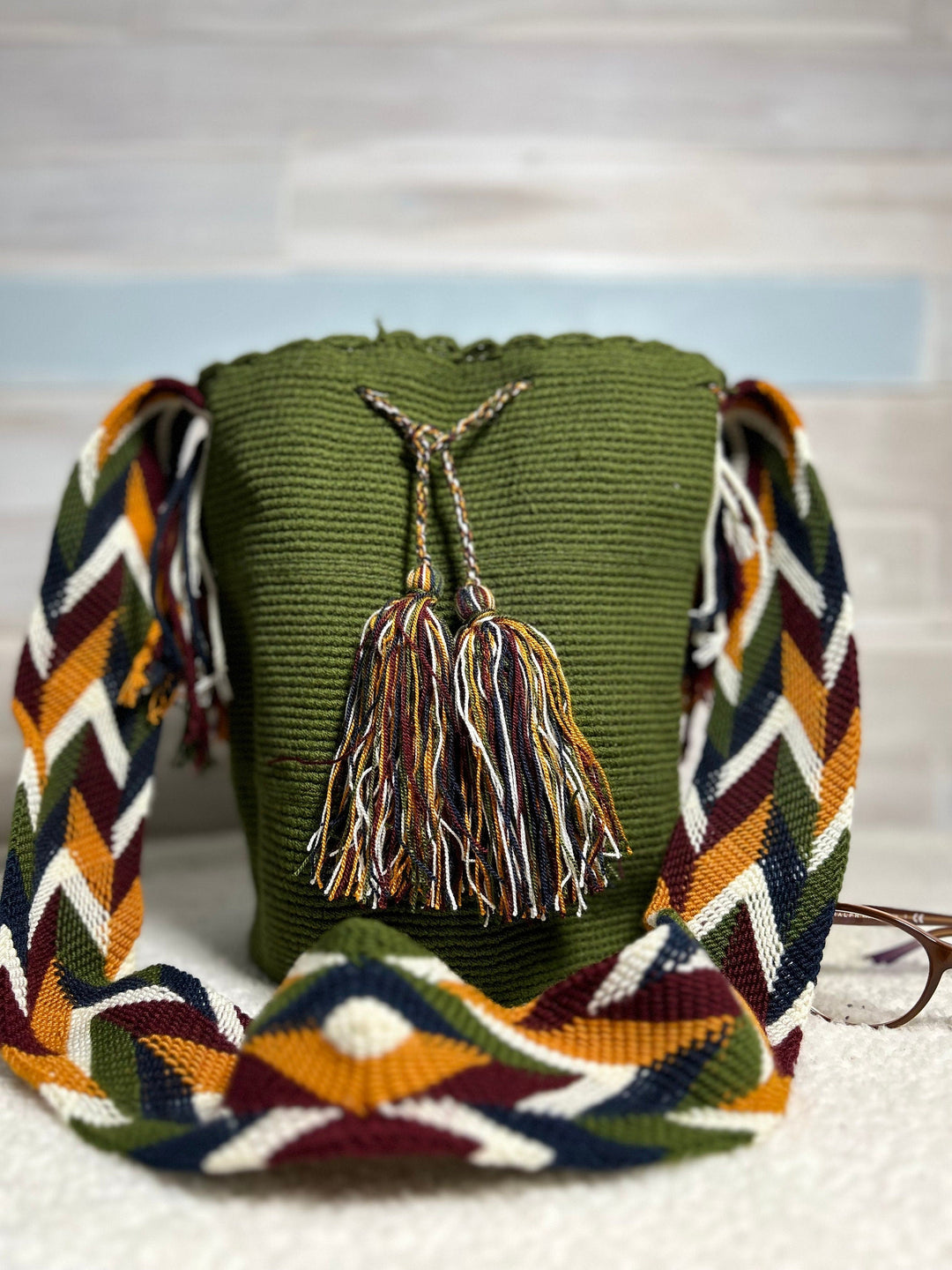 Olive green crochet bag front view 3