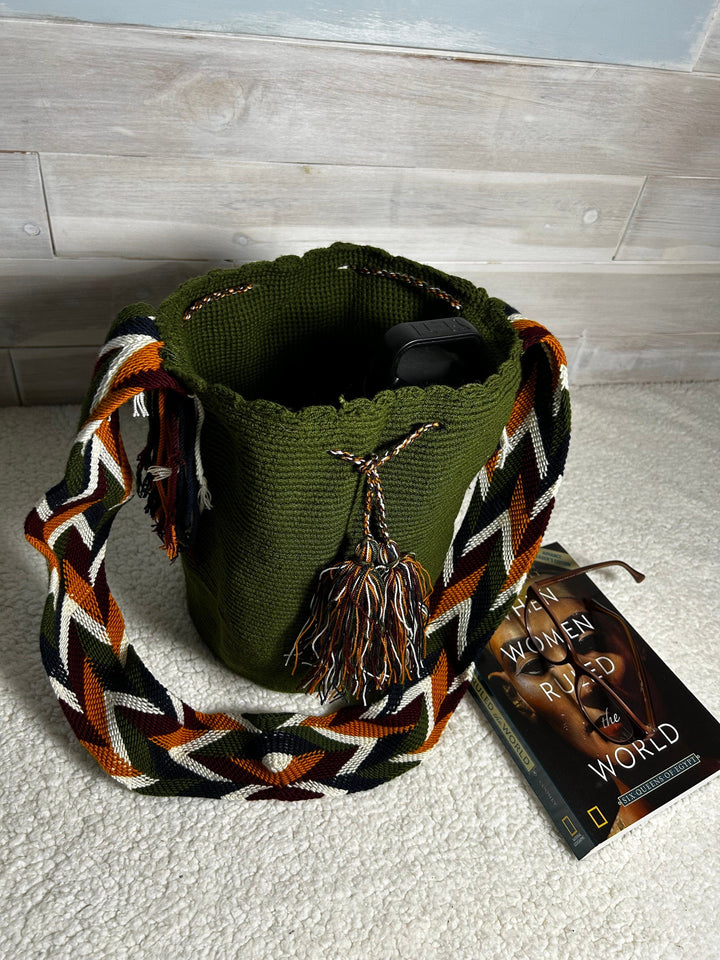 Olive green crochet bag bucket view