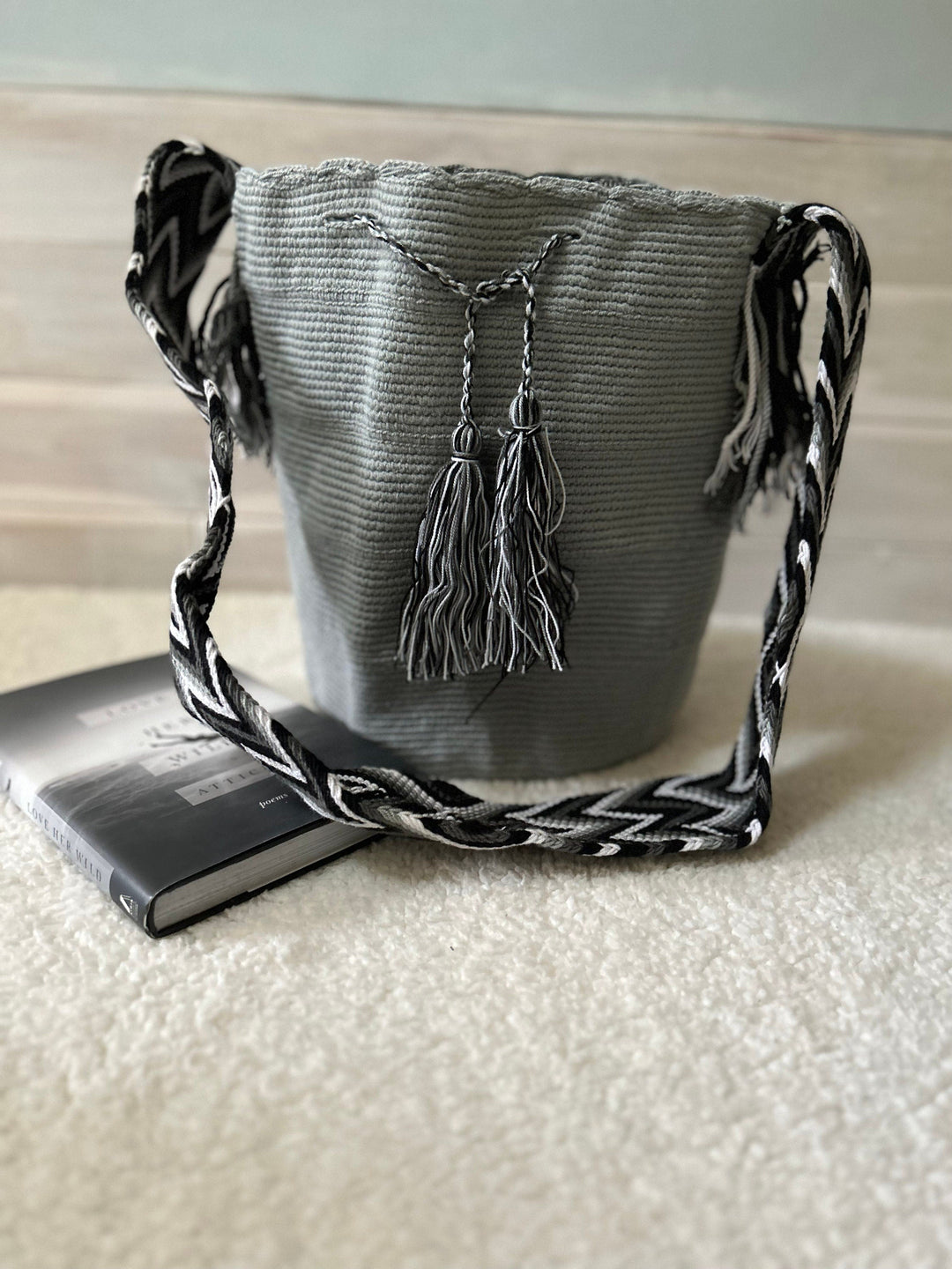 gray crochet bag colorful strap view 3