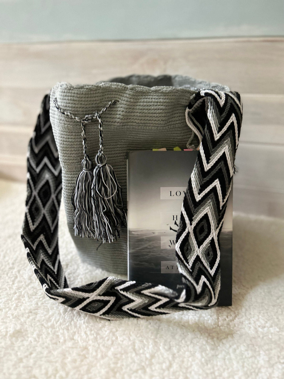 gray crochet bag colorful strap view 5