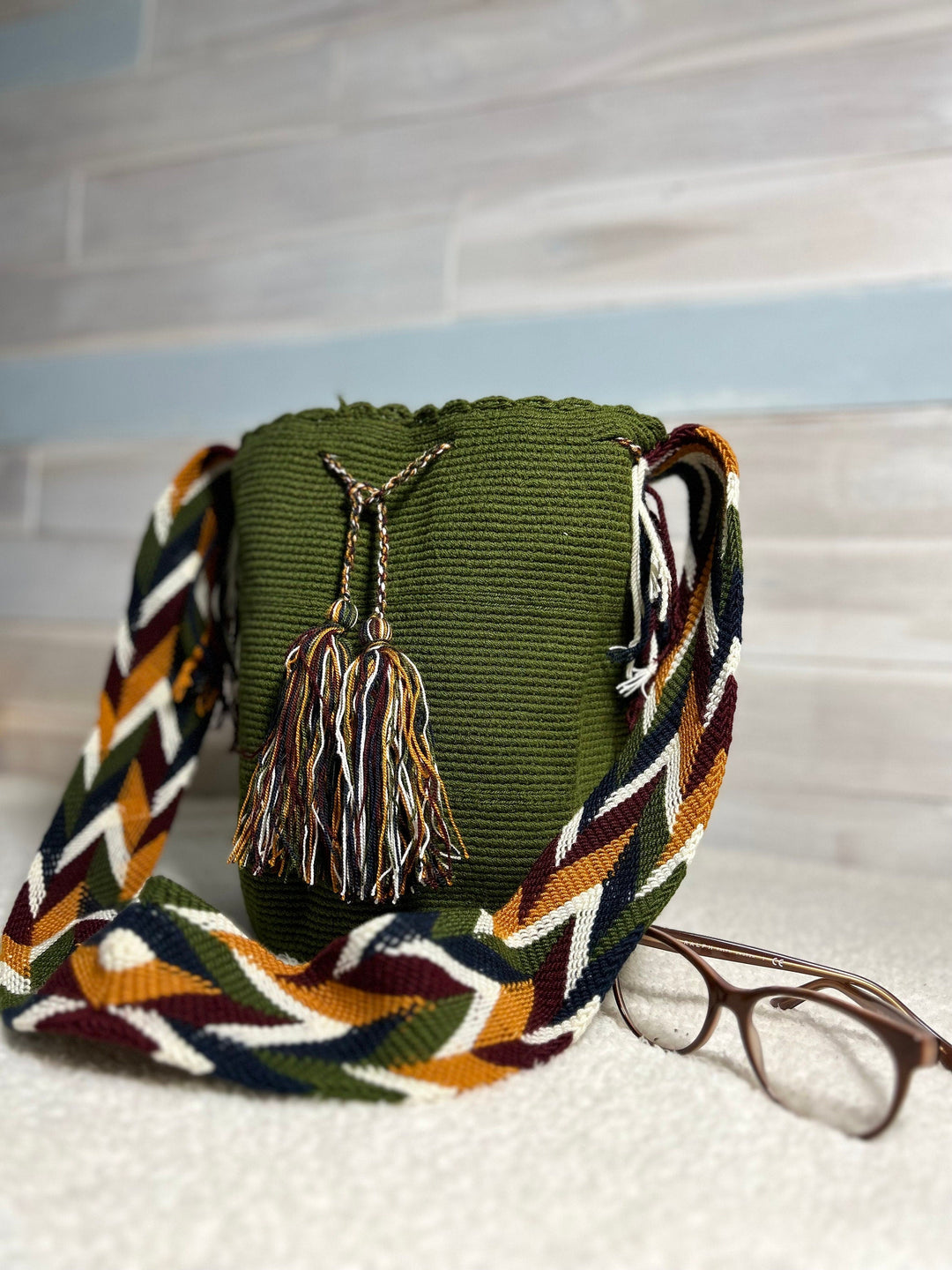 Olive green crochet bag front view 2