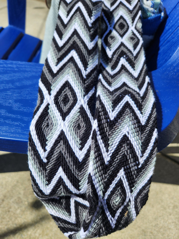 gray crochet bag colorful strap view