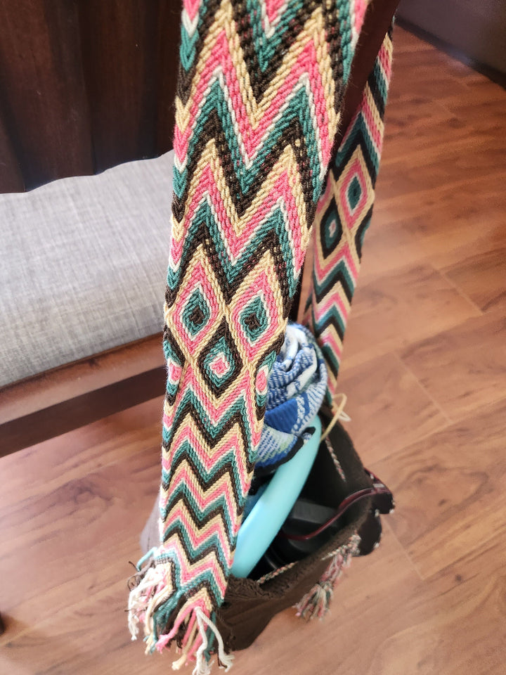 crochet bag and colorful strap view