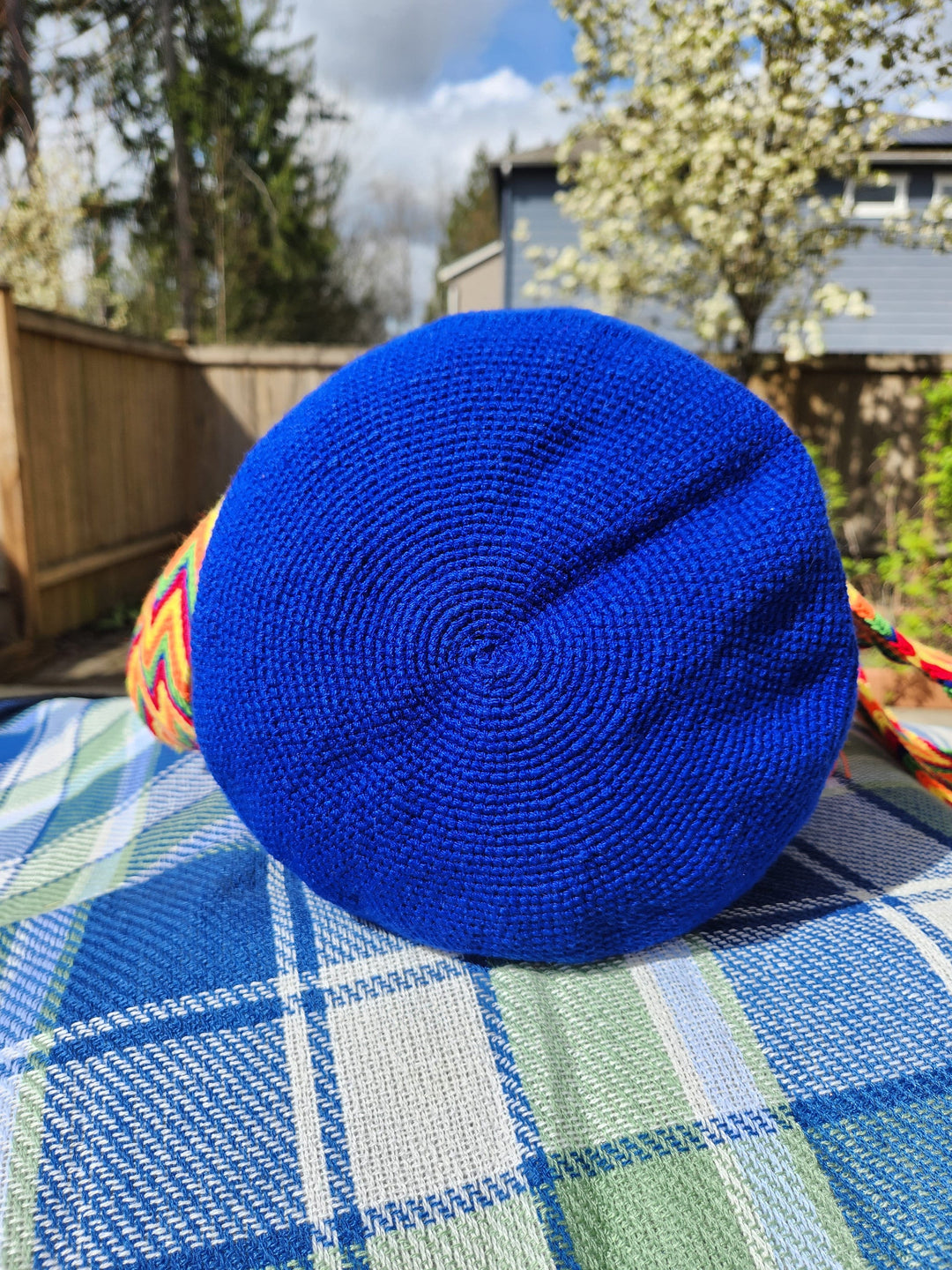Practical crochet bag, in blue bottom view