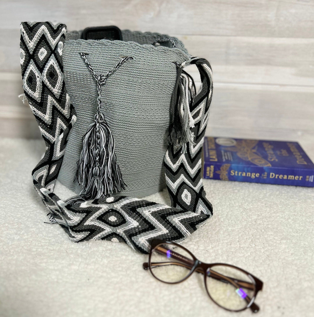gray crochet bag side view