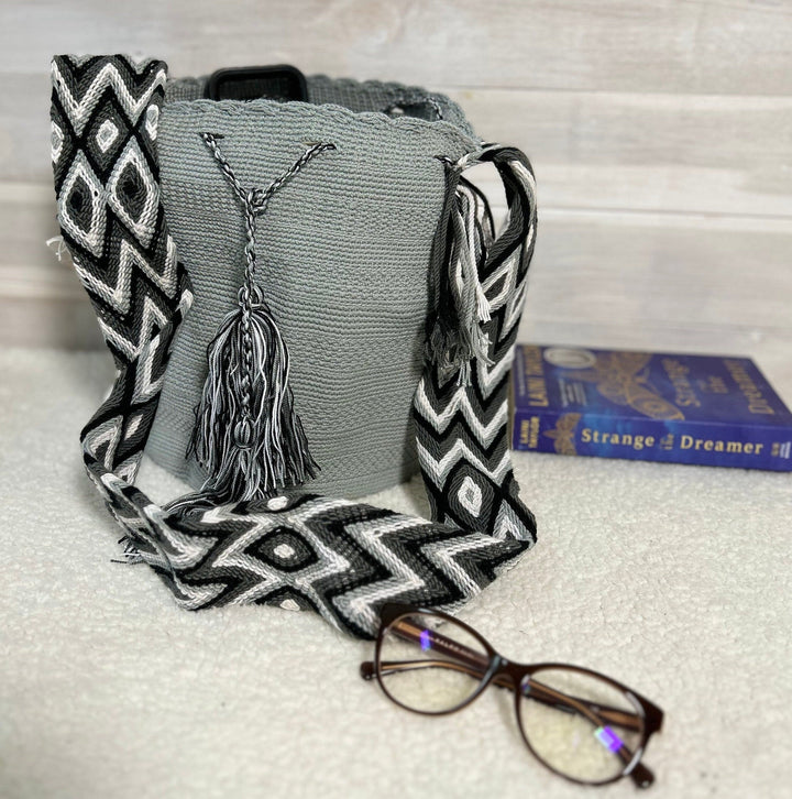 gray crochet bag side view