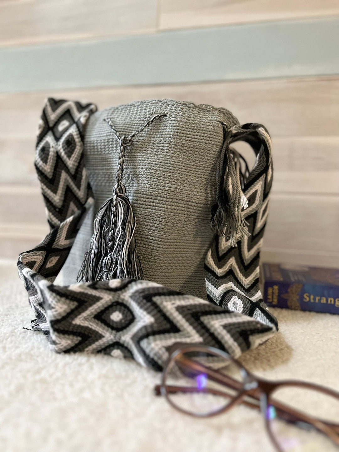 gray crochet bag side view