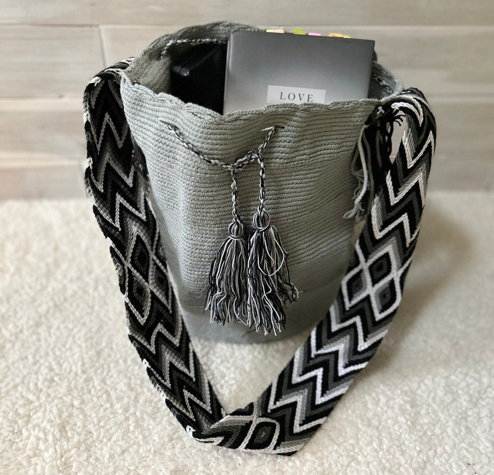 gray crochet bag front view