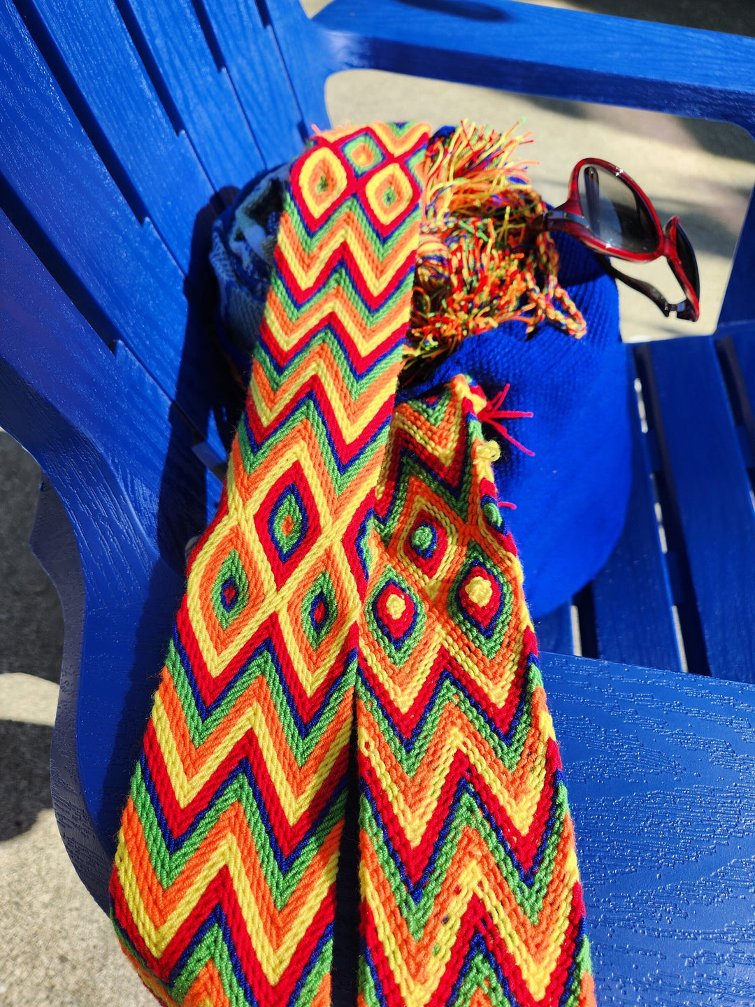 crochet bag, colorful strap side view 2