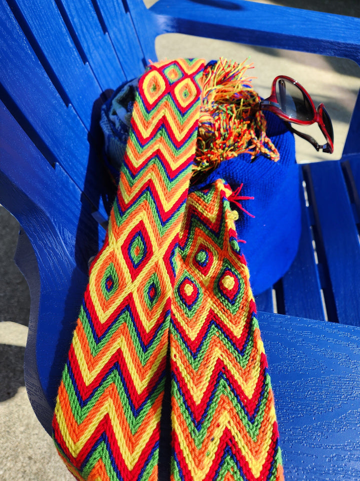 crochet bag, colorful strap side view 2